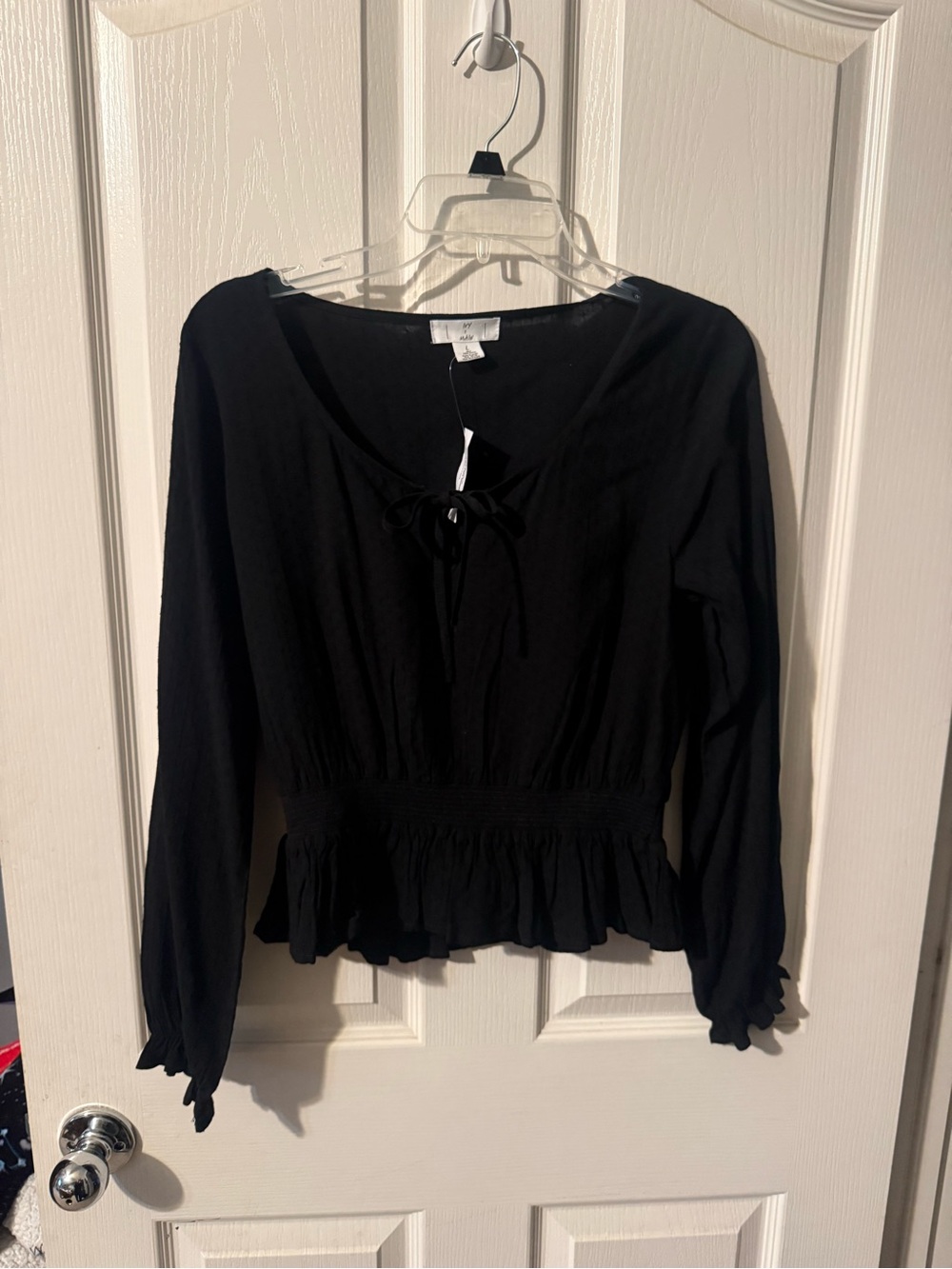 Black Tie-Front Peplum Blouse with Smocked Waist